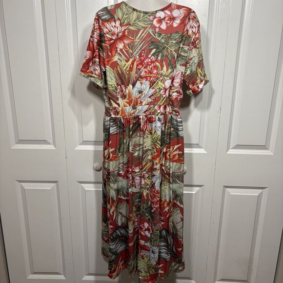 Lascana Dress Womens 12 Red Floral V Neck Wrap Midi Tropical Boho Vacation - Picture 4 of 12